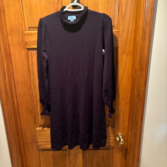 Cece Ruffle Neck Sweater Dress in Navy Medium - Picture 2 of 6